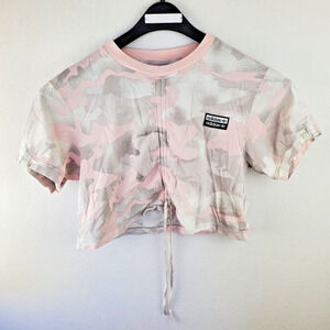 Adidas Shirt Women Sm Cropped Top Cinched Short Sleeve Camo Athleisure Pink Top
